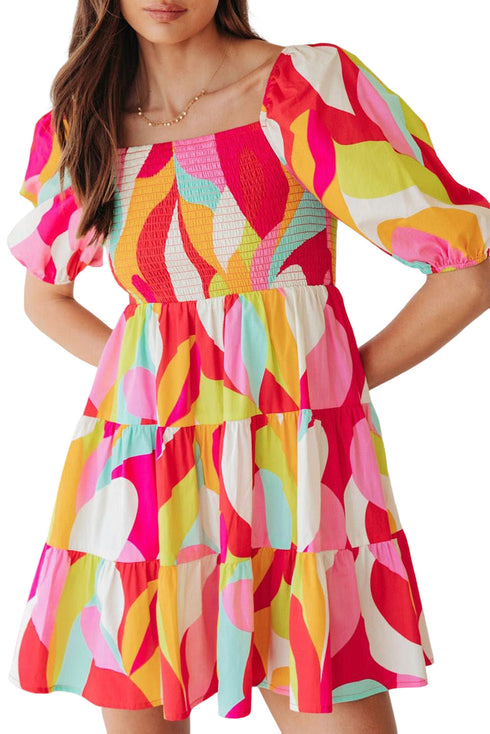 Multicolor Geometric Print Smocked Babydoll Mini Dress